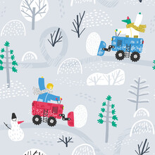 Cute Animals Clean The Road From Snow In The Forest. Winter Forest. Childish Seamless Pattern. Winter Background.