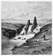 Old View Of Félou Falls, Along Senegal River, Mali. Created By De Bérard After Nouveaux, Published On Le Tour Du Monde, Paris, 1861