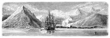 Afar View Of Sailing Ship Alone In Fortesque Bay Waters Among Mountains, Chile. Ancient Grey Tone Etching Style Art By De B�rard, Le Tour Du Monde, Paris, 1861