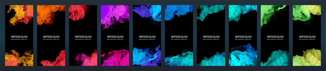Wall Mural - Big set of bright vector colorful watercolor on vertical black background for flier or brochure