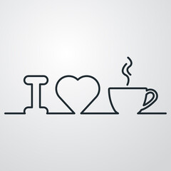 I love coffee. Logotipo línea continua con letra i corazón y taza de café con humo en fondo gris