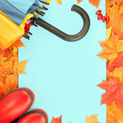 Wall Mural - Autumn leaves frame with red rubber boots and umbrella. Fall foliage banner. Weather forecast, rain. Bright orange and red maple tree leaves. Copy space on blue