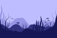 Seabed In Abstract Style On Deep Blue Background. Sea Landscape. Flat Cartoon Vector Illustration. Underwater World. Nature Landscape Template. Beautiful Poster For Concept Design. Wallpaper.