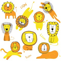 Canvas Print - Collection funny lions drawing. Print for t-shirt textile graphic design. Collection cute lions illustration for kids.