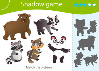 Wall Mural - Shadow Game for kids. Match the right shadow. Color images of animals.  Panda, raccoon, chipmunk, badger, bear. Worksheet vector design for children and for preschoolers.