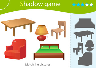 Shadow Game for kids. Match the right shadow. Color images of cartoon furniture. Table, chair, bed, lamp, chair. Worksheet vector design for children