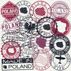  Poland Set of Stamps. Travel Passport Stamp. Made In Product. Design Seals Old Style Insignia. Icon Clip Art Vector.
