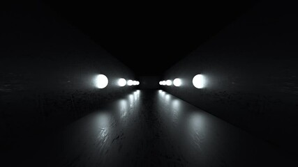 Poster - Black mirror space with slippery floor and a row of lights, computer generated. 3d rendering of abstract perspective backdrop