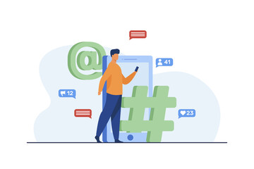 Poster - Man chatting to friends via phone. Communication, online, mobile app. Flat vector illustration. Social network concept can be used for presentations, banner, website design, landing web page