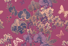 Floral Seamless Background With Tropical Orchids And Butterflies. Vector.