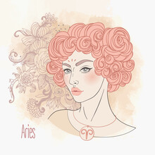 Illustration Of Aries Astrological Sign As A Beautiful Girl. Zodiac Vector Drawing Isolated In Pastel Shades. Future Telling, Horoscope, Alchemy, Spirituality. Coloring Book.