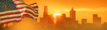American Flag Concept. USA Flag Over Sunrise Sun Peaking Behind City Of Los Angeles Skyline In Background.