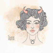Zodiac Illustration Of Taurus Horoscope Sign As A Beautiful Girl. Vector Art. Vintage Boho Style Fashion Illustration In Pastel Shades. Design For Coloring Book Page For Adults And Kids.