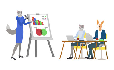 Poster - hipster animals vector, students listening to speaker with whiteboard and information. explanation b