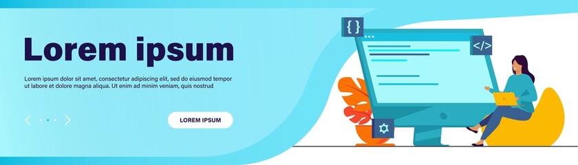 Poster - Young tiny girl sitting and coding via laptop. Computer, programmer, code flat vector illustration. IT and digital technology concept for banner, website design or landing web page