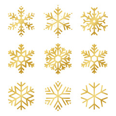 Set of golden snowflakes for Christmas decoration. Shiny gold snowflakes, various abstract and geometric patterns. Beautiful snowflakes isolated on white background