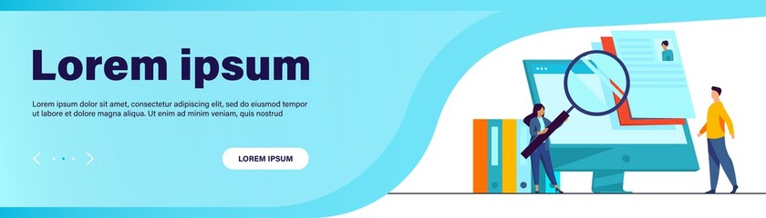 Poster - Tiny HR manager looking for candidate for job. Interview, magnifier, computer screen flat vector illustration. Career and employment concept for banner, website design or landing web page