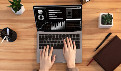 Poster - Unrecognizable woman working on computer with business financial graphics on screen, collage