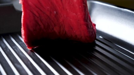 Canvas Print - raw beefsteak in frying pan