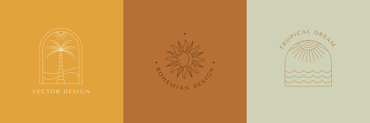 Fototapete - Vector set of linear boho icons and symbols - sun logo design templates  - abstract design elements for decoration in modern minimalist style