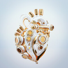 Sticker - White robotic heart with luxury golden parts, 3d rendering