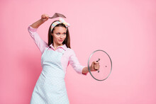Portrait Of Her She Nice Attractive Pretty Cute Playful Childish Housewife Holding In Hands Kitchenware Dancing Having Fun Fooling Quarantine Stay Home Isolated Over Pink Pastel Color Background