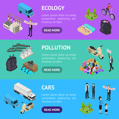 Poster - Ecology Pollution Concept Banner Horizontal Set 3d Isometric View. Vector