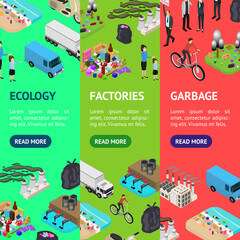 Sticker - Ecology Pollution Concept Banner Vecrtical Set 3d Isometric View. Vector