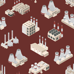 Poster - Factory Constructions or Buildings Concept Seamless Pattern Background 3d Isometric View. Vector