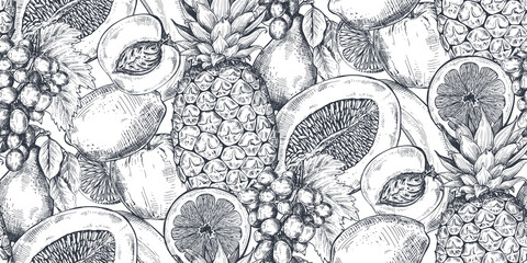 Wall Mural - Vector seamless pattern with hand drawn fruits in sketch style. Farm market products.