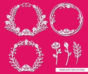 Wall Mural - Set of round frames with a floral pattern and silhouette of a flower, branches with leaves, rosebud. Scrapbooking decorative elements. Template for laser plotter cutting of paper. Vector illustration.