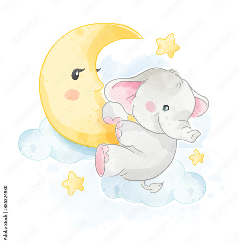 Cartoon Cute Elephant Hanging on the Moon Illustration Stock Vector ...
