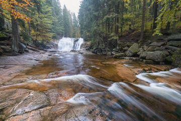 Wall Mural - Mountain waterfall river stream view. Forest waterfall in mountains. Small stream in autumn season, colorful landscape. Beautiful rain forest.
River creek in deep wood.