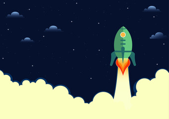 Spaceship takes off into the starry sky. Rocket starts into space.