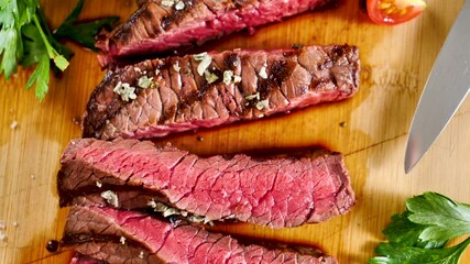Sticker - beef steak slices on wooden board