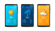 Weather forecast widget at smartphone screen. Vector illustration. Mobile phone with daily weather forecast application template. Sun, clouds, thunderstorm and rain
