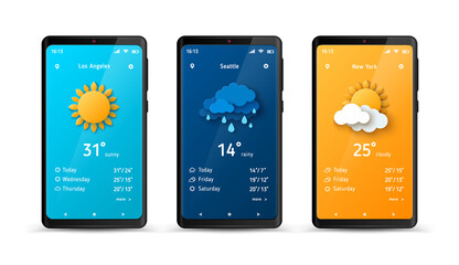 Wall Mural - weather forecast widget at smartphone screen. vector illustration. mobile phone with daily weather f