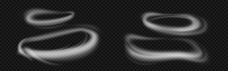 Poster - Circle smoke rings isolated on transparent background. Vector realistic mockup of flow mist swirls, white fog or steam round clouds. Smoke effect from hookah, cigarette or vape