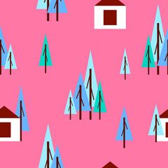 Wall Mural - Seamless pattern with winter blue fir trees and white house. Pink background. Cartoon flat style. Garden or forest. Merry Christmas. Postcards, wallpaper, textile, scrapbooking and wrapping paper