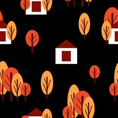 Wall Mural - Seamless pattern with autumn trees and white country house. Red and orange. Black background. Cartoon flat style. Garden or forest. Postcards, wallpaper, textile, scrapbooking and wrapping paper