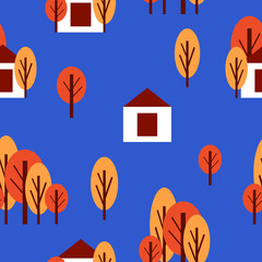 Wall Mural - Seamless pattern with autumn trees and white country house. Red and orange. Blue background. Cartoon flat style. Garden or forest. Postcards, wallpaper, textile, scrapbooking and wrapping paper