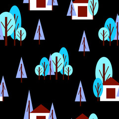 Wall Mural - Seamless pattern with winter blue trees and white house. Black background. Cartoon flat style. Garden or forest. Merry Christmas. Postcards, wallpaper, textile, scrapbooking and wrapping paper