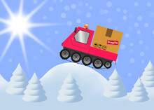 Snowmobile And Cardboard Box In Winter Landscape