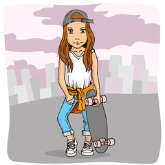 Schoolgirl with a skateboard posing. Hand drawn vector illustration.