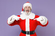 © ViDi Studio - Excited Santa Claus man in Christmas hat red suit coat white gloves glasses pointing index fingers on himself isolated on violet background studio. Happy New Year celebration merry holiday concept.