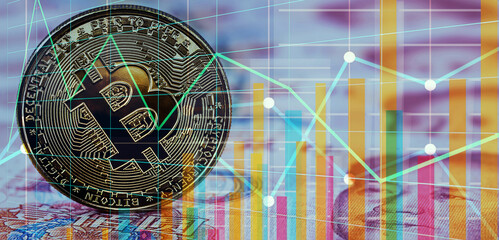 Wall Mural - conceptual image stock exchange with lines and graphs, with digital bitcoin currency, and chinese yuan banknotes in the background