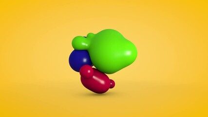Poster - 3D animation of multi-colored drops on a yellow background that move and merge with each other.