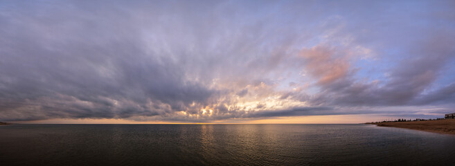 Canvas Print - Colorful sea beach sunrise landscape (Strilkove village, Arabat Spit, Ukraine)