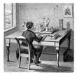 Vintage technology: Morse telegraph office station, employee working with the code