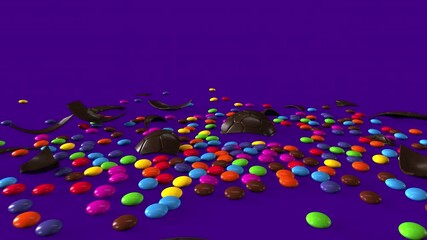 Wall Mural - animated chocolate easter egg unwrapped then destroyed on purple background